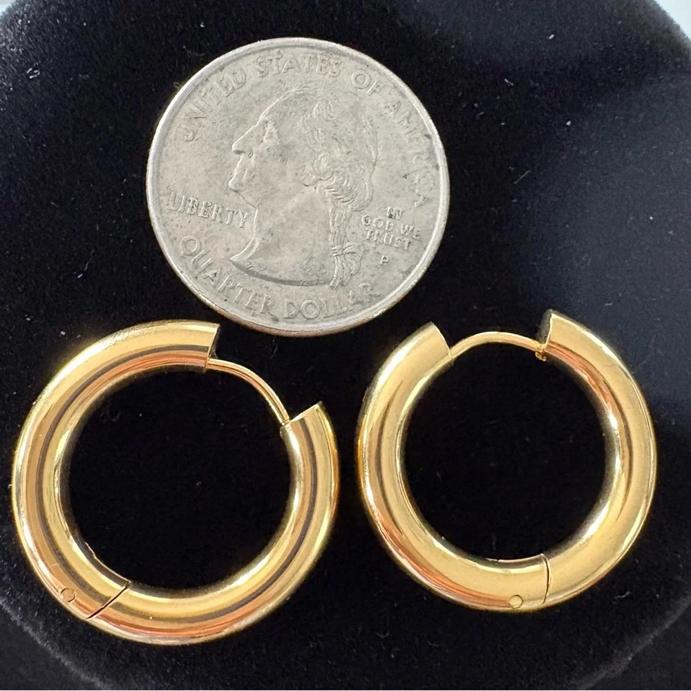 Gold hoop earrings; 18k PVD; hypoallergenic; waterproof and tarnish proof!